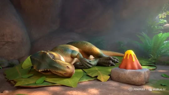 Muscular T-Rex Rex Wakes Up to Volcano Alarm in Cave – AI Generated Video | Hailuo AI