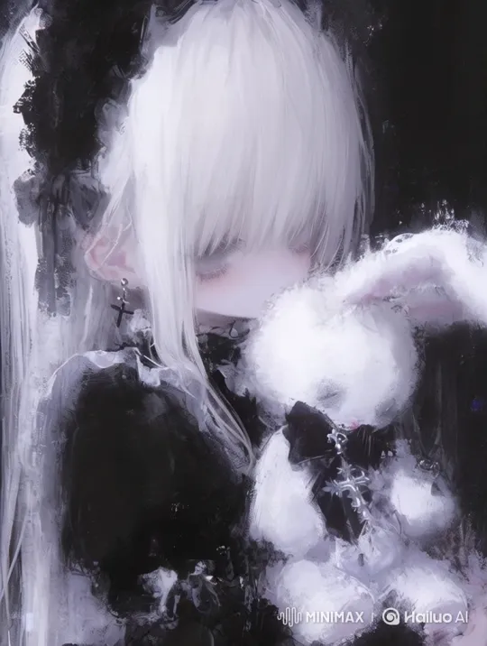 Enigmatic Girl with White Hair Strokes Stuffed Rabbit – AI Generated Video | Hailuo AI