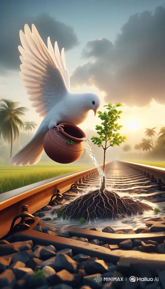 White Dove Nurtures Sapling on Railway Tracks – AI Generated Video | Hailuo AI