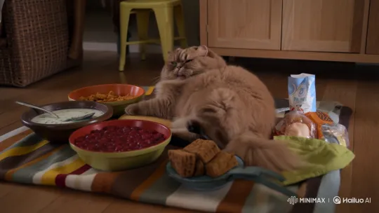 Chubby Cat Overindulgence Comedy Scene – AI Generated Video | Hailuo AI