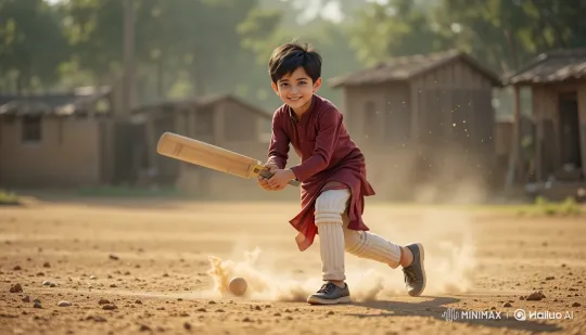 Joyful Boy Swings Cricket Bat, Dust in the Sunlight – AI Generated Video | Hailuo AI