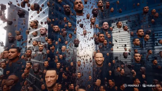 Surreal Cityscape with Swirling Talking Heads – AI Generated Video | Hailuo AI