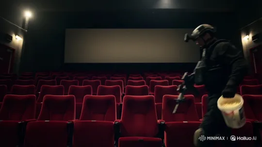 SWAT Operator Watches Movie in Empty Cinema – AI Generated Video | Hailuo AI