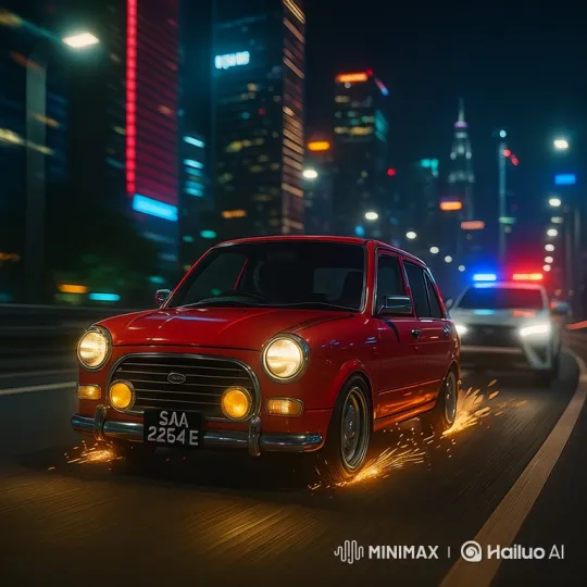 Vintage Car Escapes Police, Sparks Fly on Night Highway Chase – AI Generated Video | Hailuo AI