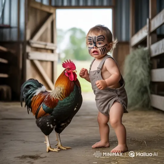 Toddler Fights Rooster in Rustic Barn Dust-Up – AI Generated Video | Hailuo AI