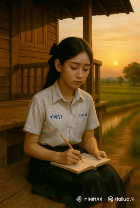 Thai Schoolgirl Helps Sibling with Homework in Serene Countryside – AI Generated Video | Hailuo AI