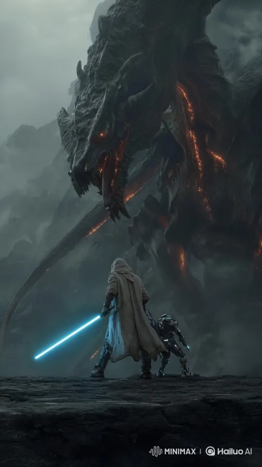 Warrior Faces Dragon Monster on Stormy Cliff – AI Generated Video | Hailuo AI