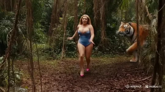 Woman in Lingerie Flees from Tiger in Jungle Chase – AI Generated Video | Hailuo AI