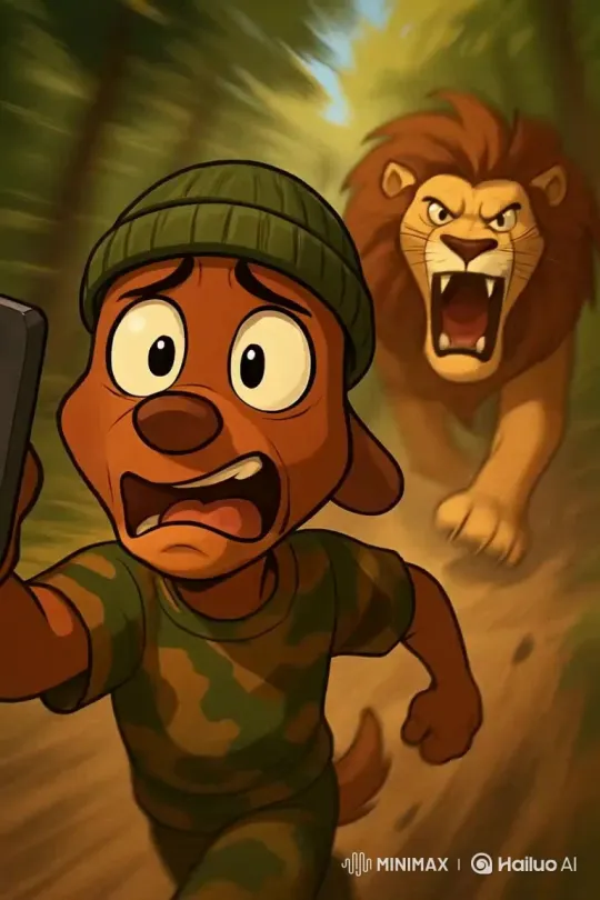 Lion Pursues Man in Forest Chase Scene – AI Generated Video | Hailuo AI