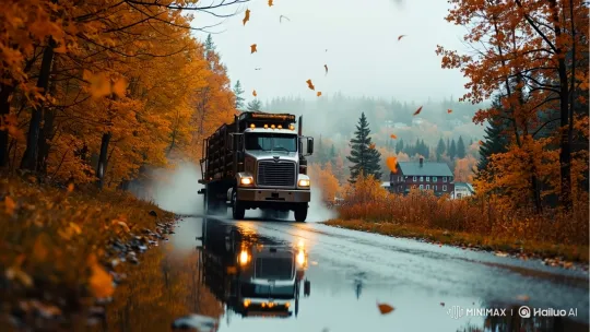 Autumn Road Trip: Truck Drives Through Misty Townscape – AI Generated Video | Hailuo AI