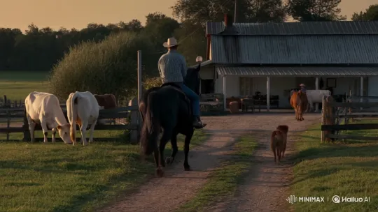 Man Returns to Rustic Farm on Horse at Dusk – AI Generated Video | Hailuo AI