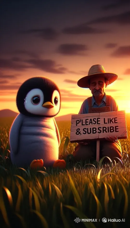 Elderly Farmer and Penguin Seek Likes in Heartfelt Sunset Scene – AI Generated Video | Hailuo AI