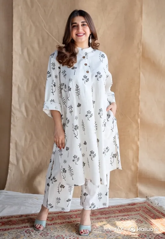 Woman Showcases Chic Off-White Ensemble with Style – AI Generated Video | Hailuo AI