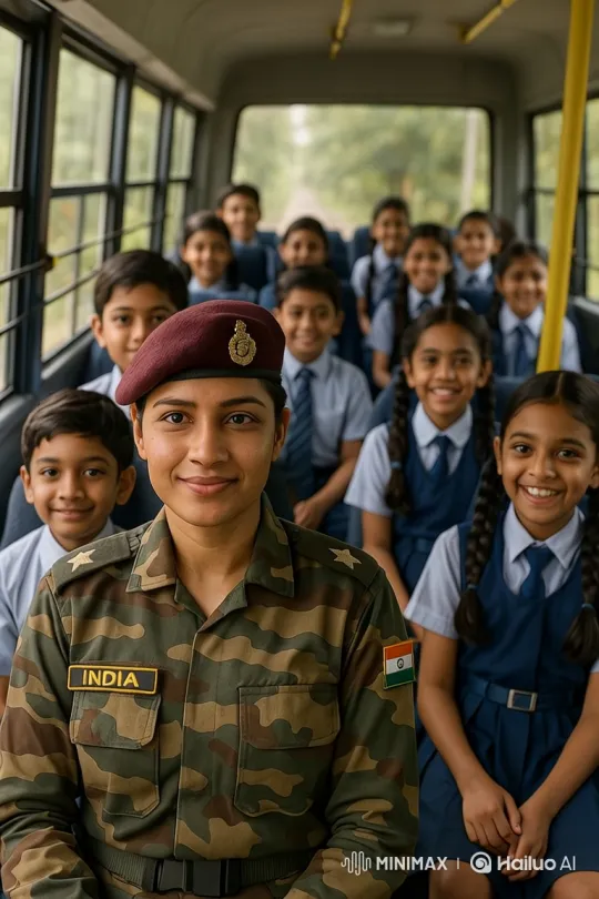 Indian Female Soldier Inspires Children on a School Bus – AI Generated Video | Hailuo AI