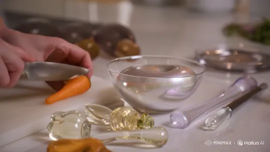 Glass Vegetable Prep and Glittering Slime Creation – AI Generated Video | Hailuo AI