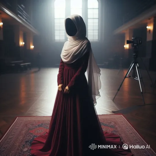 Mysterious Woman in Crimson Gown Walks Through Dim Hall – AI Generated Video | Hailuo AI