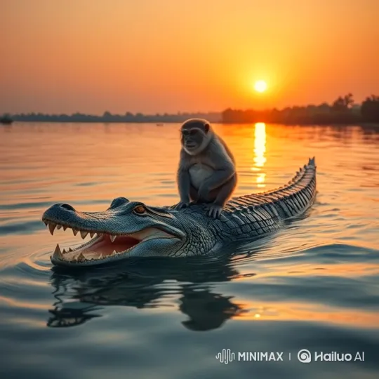 Monkey and Alligator Share Mangoes at Sunset – AI Generated Video | Hailuo AI
