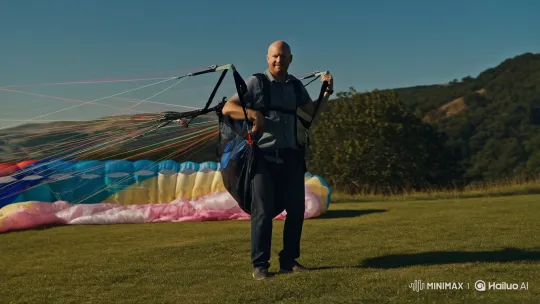 Bald Man Salutes and Takes Off with Paraglider – AI Generated Video | Hailuo AI
