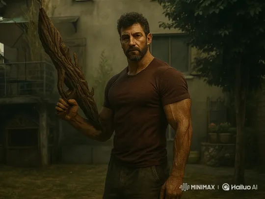 Bearded Man Fends Off Vines with Wooden Club – AI Generated Video | Hailuo AI