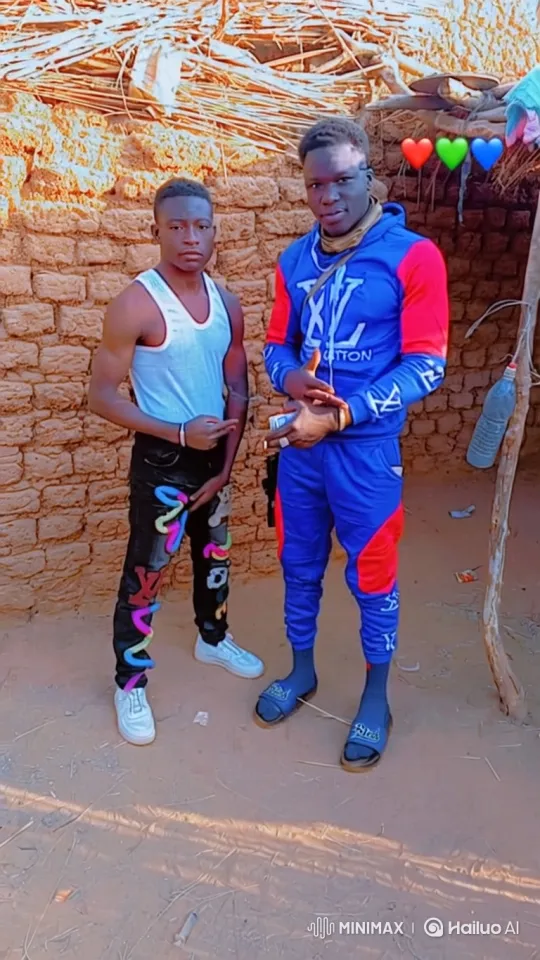 Two Men Pose Stylishly in Front of Rustic Wall – AI Generated Video | Hailuo AI