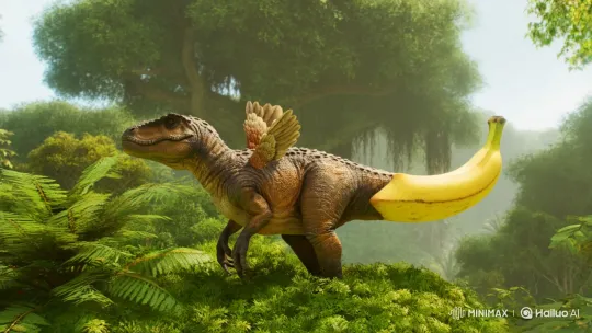 Peculiar Dinosaur with Chicken Wings and Banana Tail in Prehistoric Jungle – AI Generated Video | Hailuo AI