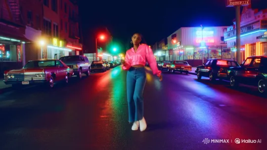 80s Fashion Icon Struts Down Neon-Lit Street – AI Generated Video | Hailuo AI
