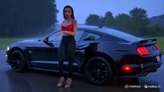 Latina Woman Gracefully Enters Mustang in Stormy Slow-Motion Scene – AI Generated Video | Hailuo AI