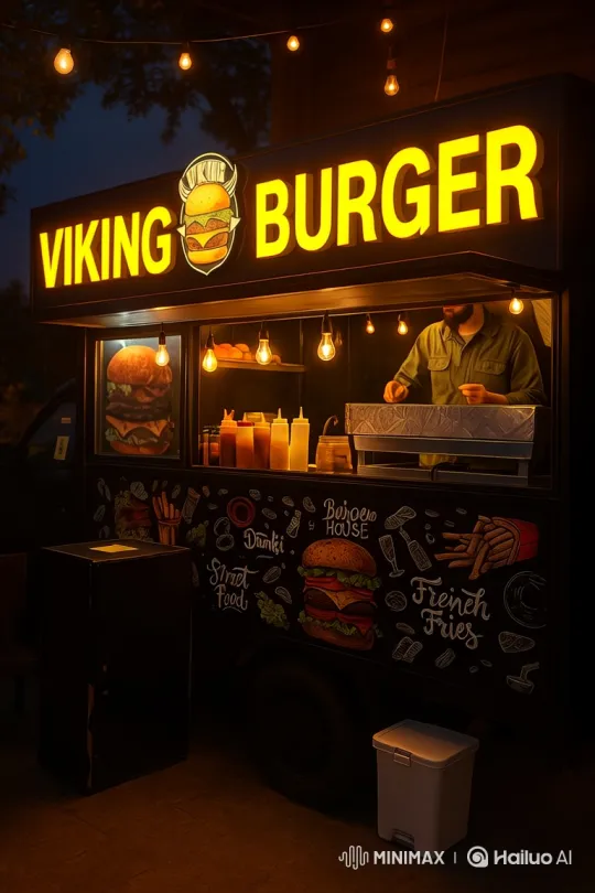 Nighttime Food Truck: Viking Burger's Warm Glow – AI Generated Video | Hailuo AI