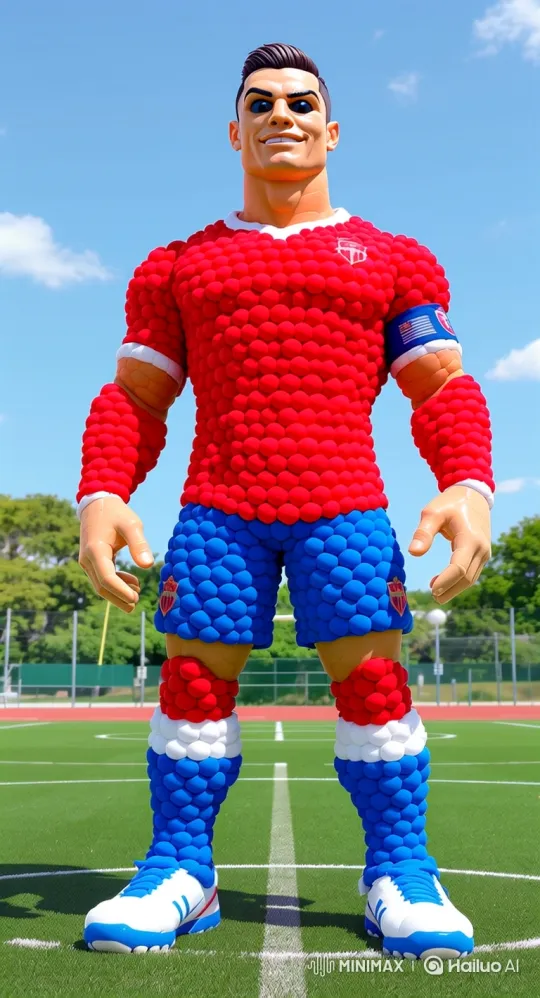 Giant Foam Ball Sculpture of Ronaldo Explodes into Cartoon Celebration – AI Generated Video | Hailuo AI