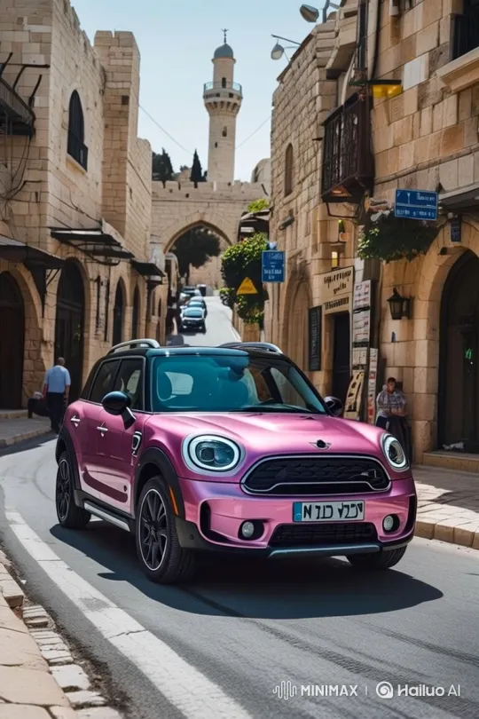 Pink Mini Countryman Drive Down Historic Street – AI Generated Video | Hailuo AI