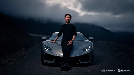 Confident Hailuo 02 Poses with Lamborghini on Mountain Road – AI Generated Video | Hailuo AI