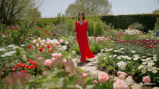 Graceful Woman Strolls Through Vibrant Flower Garden – AI Generated Video | Hailuo AI