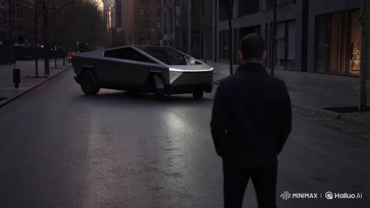 Tesla Cyberracy Electric Truck Silently Approaches Man – AI Generated Video | Hailuo AI
