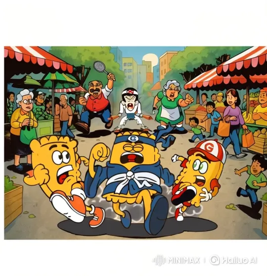 Chase Scene in Crowded Market with Pastry Characters – AI Generated Video | Hailuo AI
