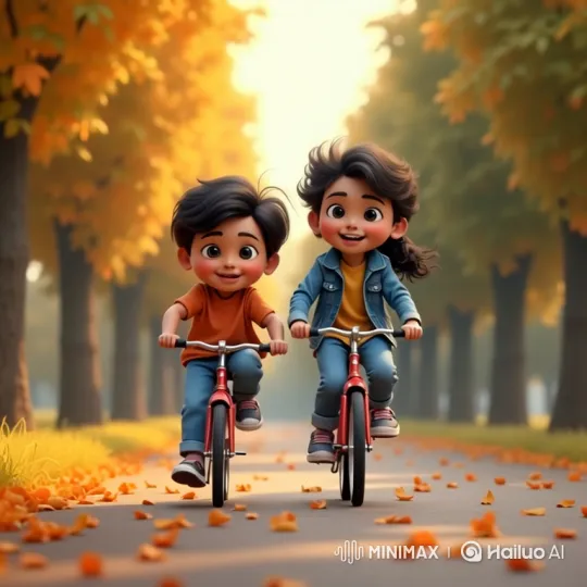 Indian Children Joyfully Bike in Autumn Park – AI Generated Video | Hailuo AI