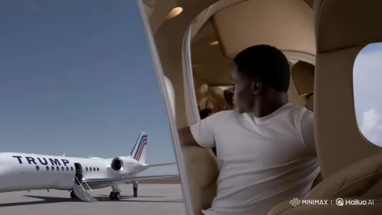 Stylish Black Man Boards 'Trump' Jet, Gazes at Clouds – AI Generated Video | Hailuo AI