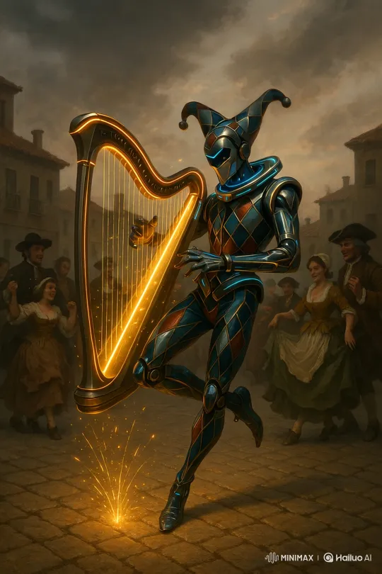 Futuristic Harlequin Plays Golden Harp in Timeless Plaza – AI Generated Video | Hailuo AI