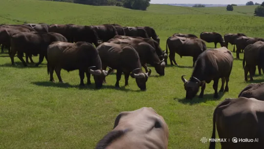 Buffalo Herd Grazing on Vast Lush Farm Pasture – AI Generated Video | Hailuo AI