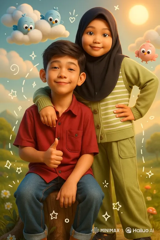 Children's Joyful Embrace in Animated Meadow – AI Generated Video | Hailuo AI