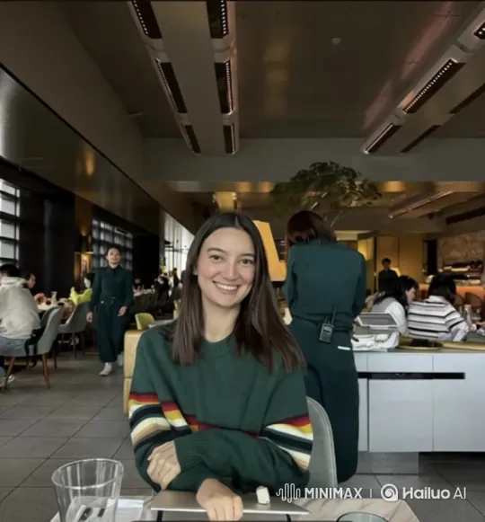 Woman Smiles Brightly at Camera in Bustling Restaurant – AI Generated Video | Hailuo AI