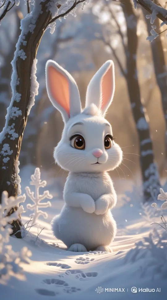 White Rabbit Observes Tracks in Snowy Forest – AI Generated Video | Hailuo AI