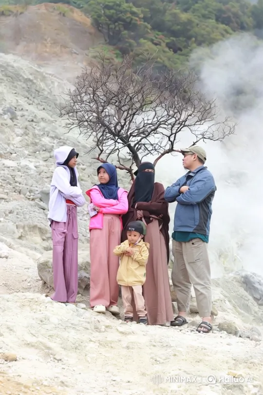 Family Portrait in Volcanic Crater Amidst Steamy Landscape – AI Generated Video | Hailuo AI