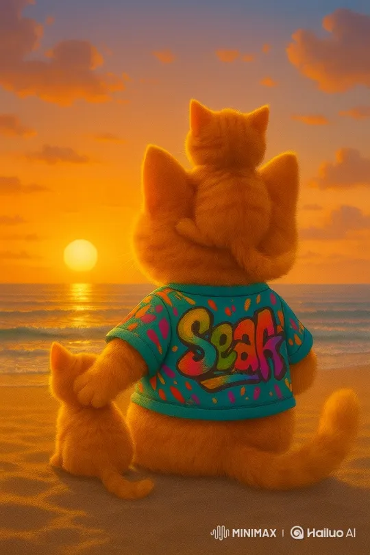 Large Cat and Kitten Enjoy Sunset on Beach – AI Generated Video | Hailuo AI