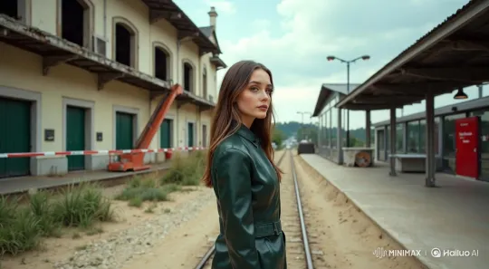 Woman Explores Abandoned Train Station Doors – AI Generated Video | Hailuo AI