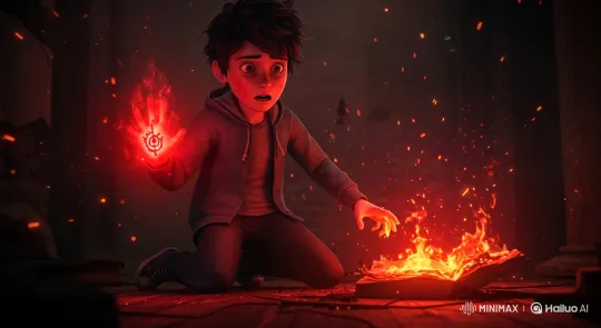 Boy Discovering Mysterious Power Amidst Flames – AI Generated Video | Hailuo AI