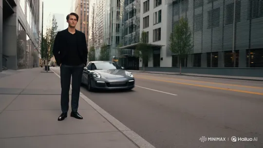 Young Man Drives Off in Porsche on City Sidewalk – AI Generated Video | Hailuo AI