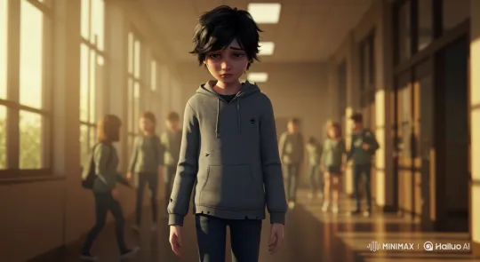 Young Boy's Heartbreak in Sunlit School Hallway – AI Generated Video | Hailuo AI