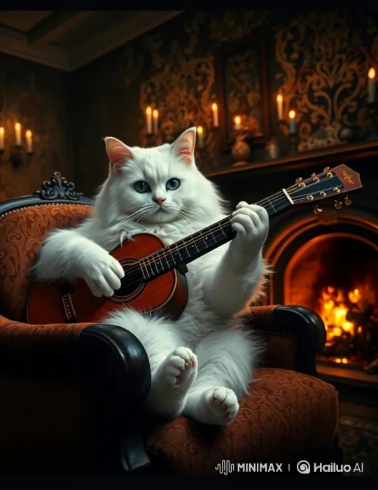 White Cat Plays Jazz Guitar in Intimate Setting – AI Generated Video | Hailuo AI