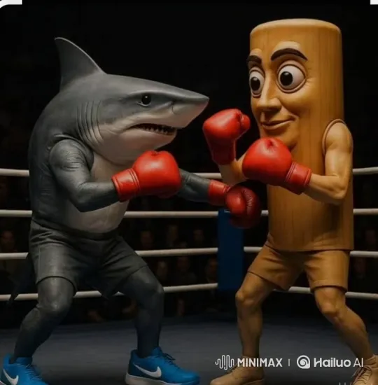 Anthropomorphic Shark and Wooden Man Box in Odd Match – AI Generated Video | Hailuo AI