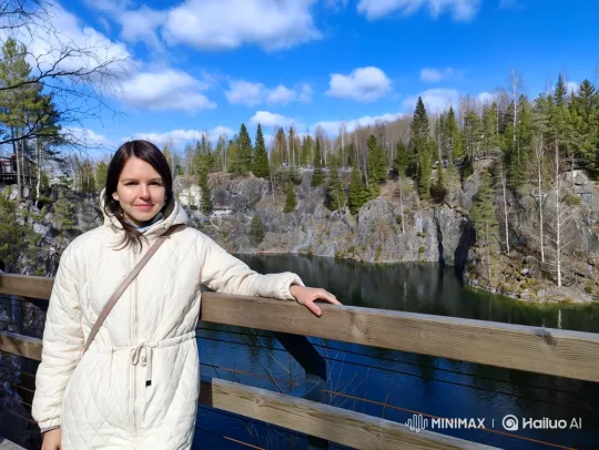 Woman Smiles in Peaceful Quarry Landscape – AI Generated Video | Hailuo AI